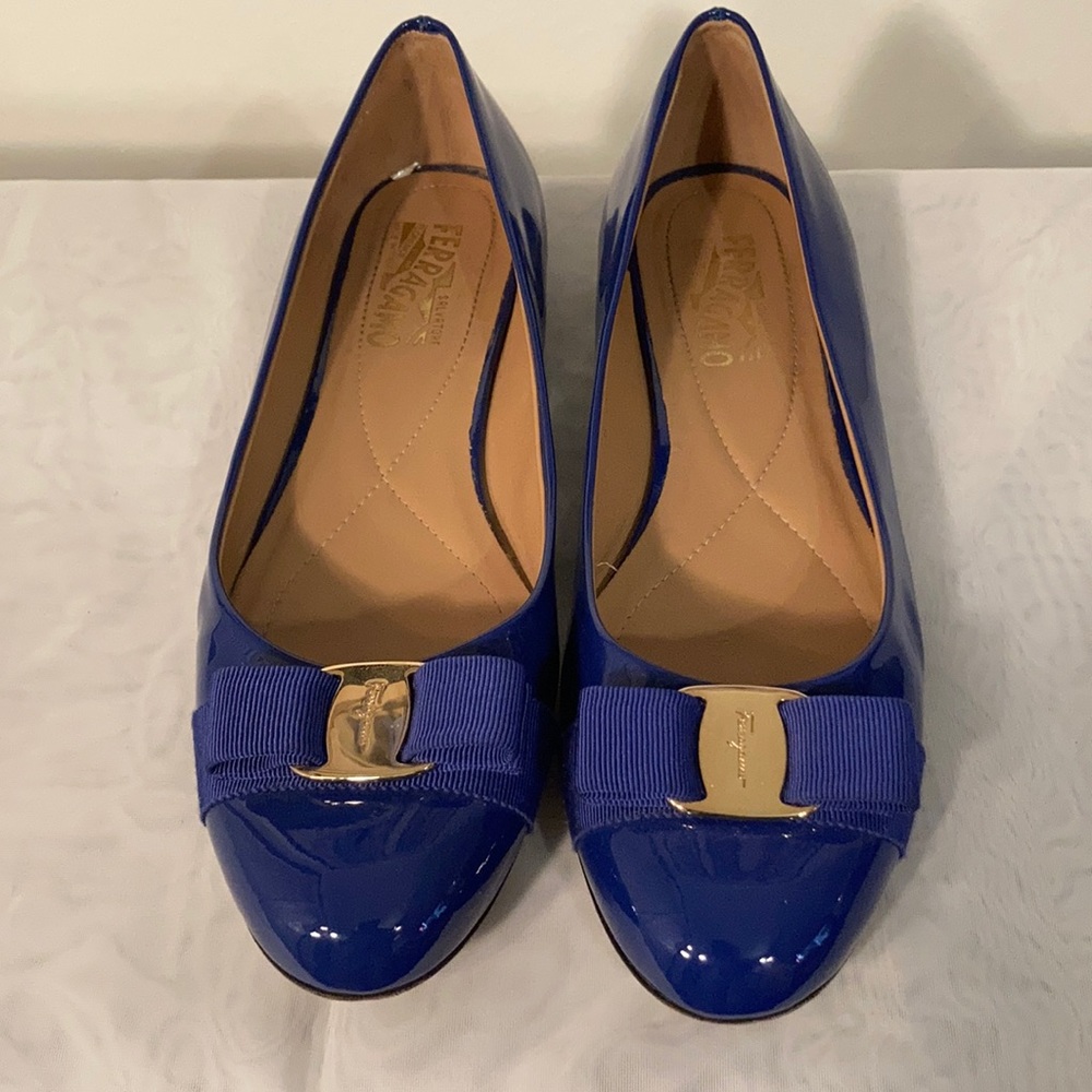 Ferragamo patent blue flat shoes